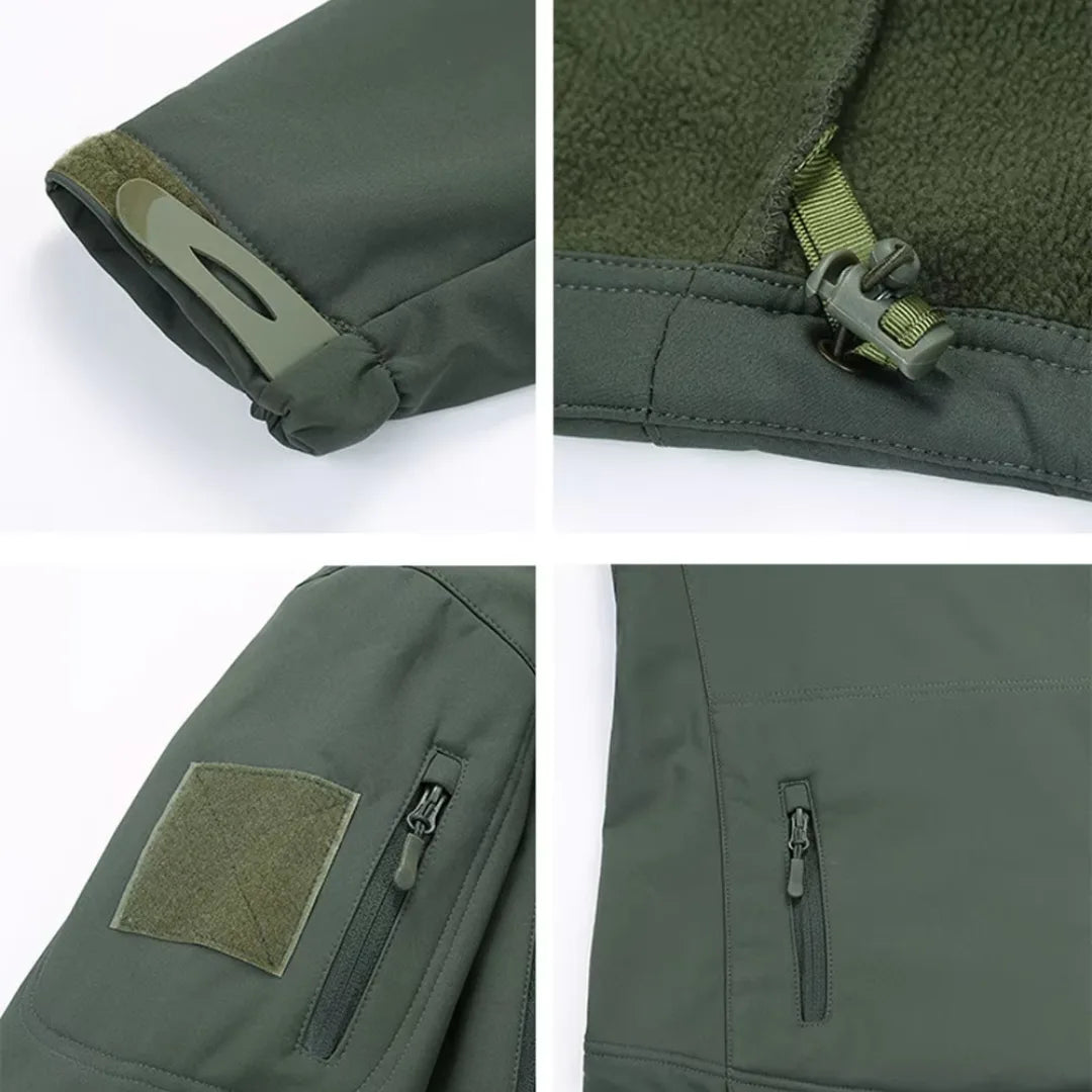 Zijaanzicht van een functionele heren softshell jas, waterdicht met capuchon en ritszakken.