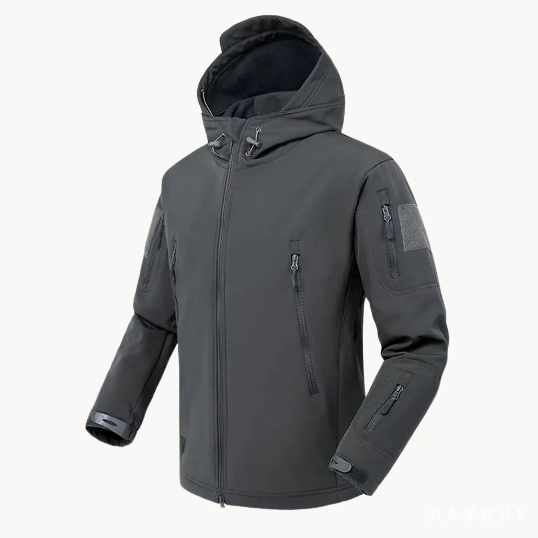 Heren waterdichte softshell jas met handige ritszakken, capuchon; perfect voor outdoor spullen.
