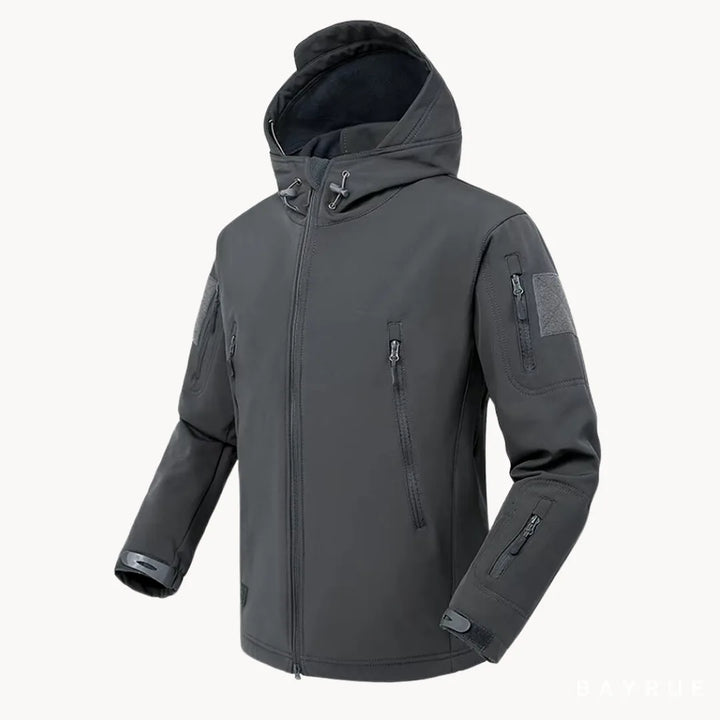 Heren waterdichte softshell jas met handige ritszakken, capuchon; perfect voor outdoor spullen.