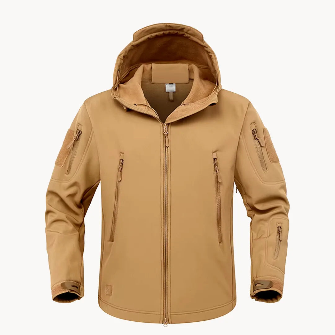 Hoogwaardige heren waterdichte softshell jas, duurzaam, met capuchon en veilige ritszakken.
