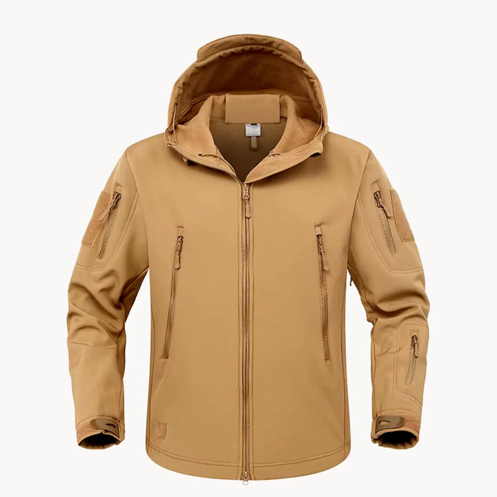 Hoogwaardige heren waterdichte softshell jas, duurzaam, met capuchon en veilige ritszakken.