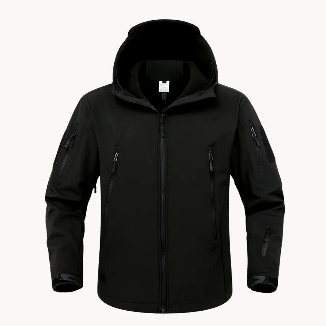 Comfortabele herfstjas/winterjas voor heren, waterdichte softshell met capuchon en ritszakken.