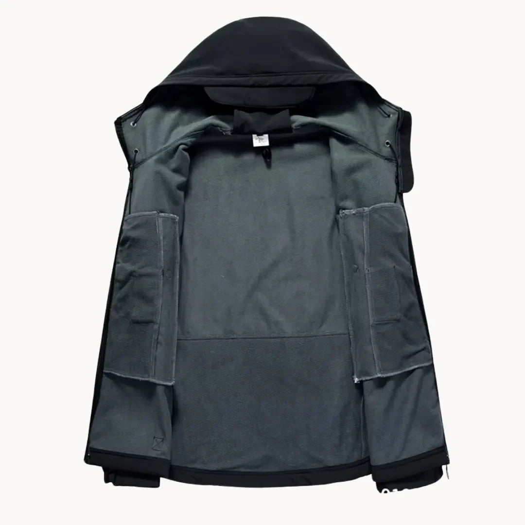 Donkere heren waterdichte softshell jas, capuchon, ritszakken; functionele bovenkleding.
