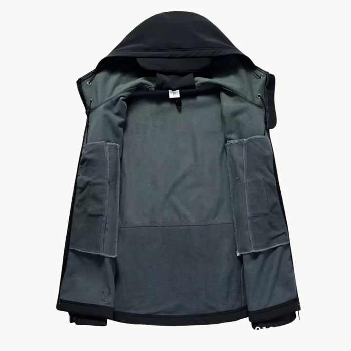Donkere heren waterdichte softshell jas, capuchon, ritszakken; functionele bovenkleding.