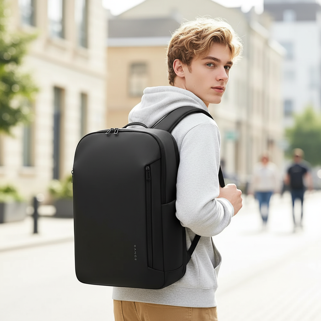 Waterdichte grijze zakelijke rugzak met laptopvak; perfect voor werk, school & reizen.