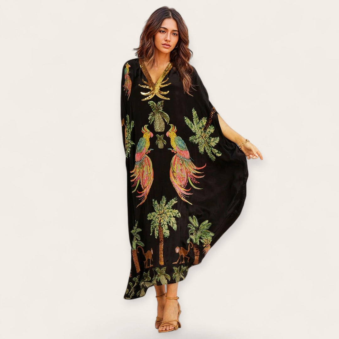 Tropische print dames kaftan, enkellang, losse fit. Stijlvolle strandjurk voor vakantie.