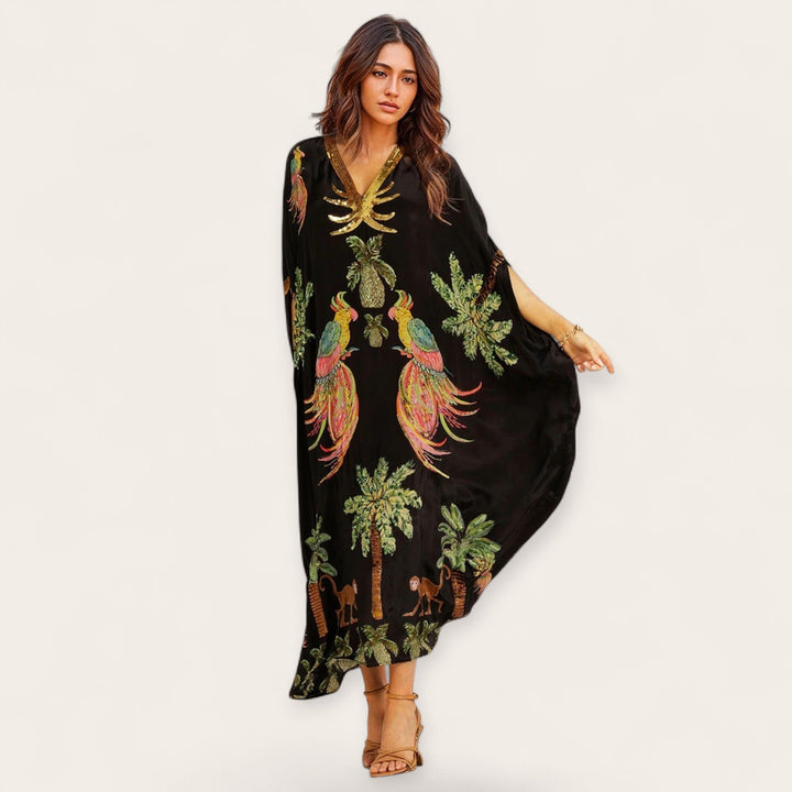 Tropische print dames kaftan, enkellang, losse fit. Stijlvolle strandjurk voor vakantie.