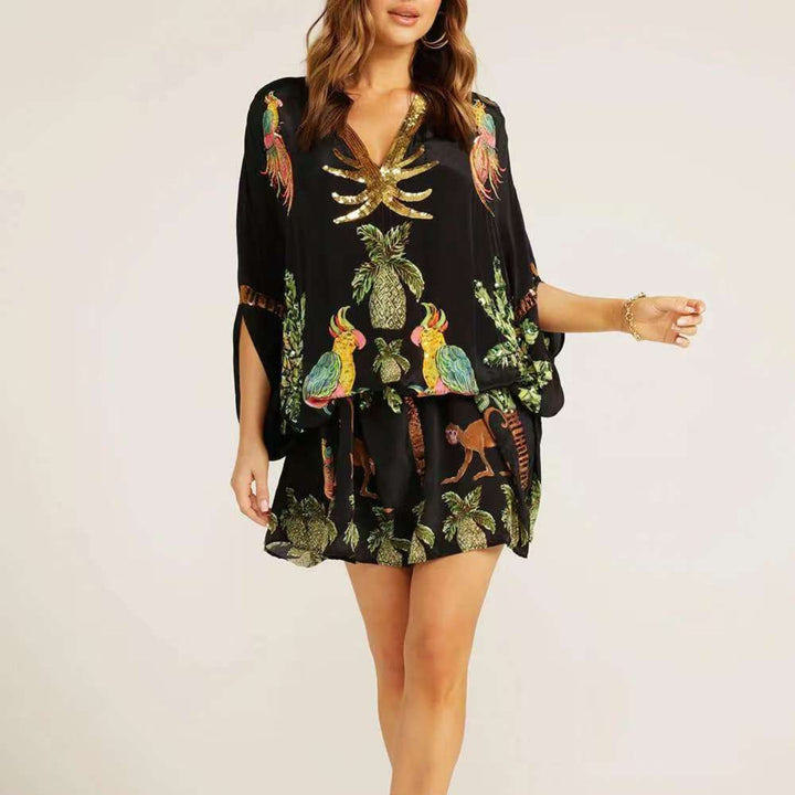 Dames kaftan met exotische tropische print, heerlijk voor zomeravonden of over badkleding.