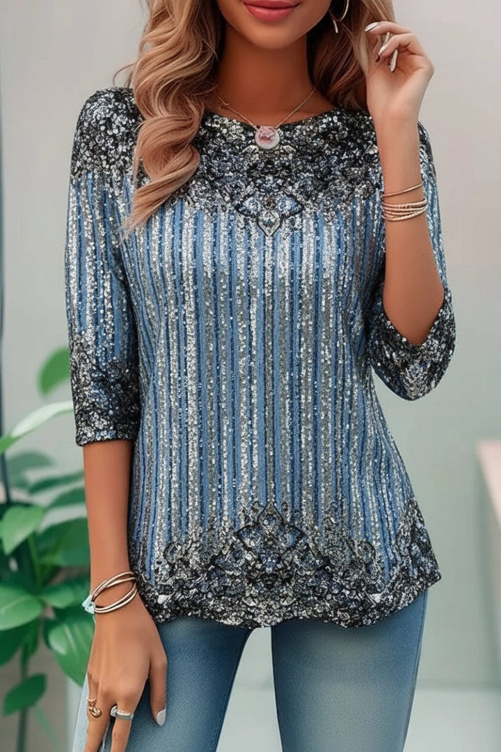 Dames losvallende glittertop met pailletten, driekwartmouw, elegante feesttop voor modebewuste vrouwen.