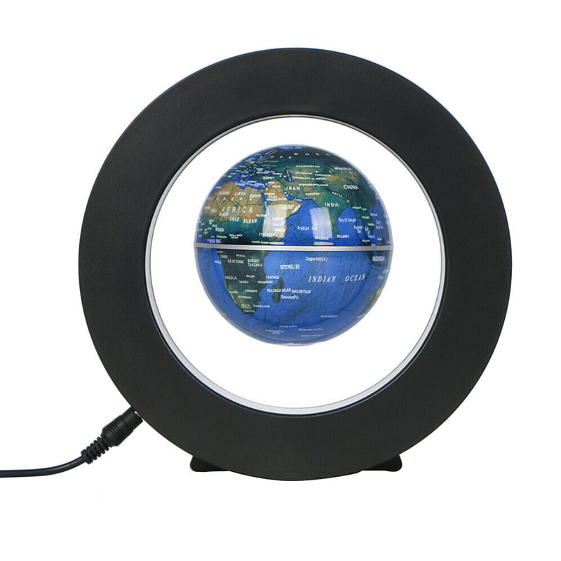 Technologisch geavanceerde zwevende wereldbol lamp met magnetische levitatie en zachte verlichting.