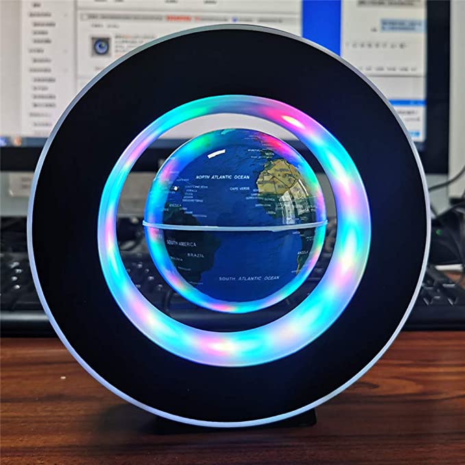 Zwevende wereldbol lamp met LED verlichting; unieke, magnetische gadget voor interieur en sfeervolle decoratie.