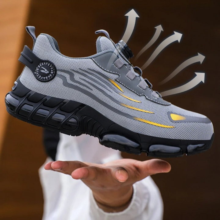 Duurzame heren veiligheidsschoenen met antislip en innovatieve draaisluiting voor gemak en bescherming.