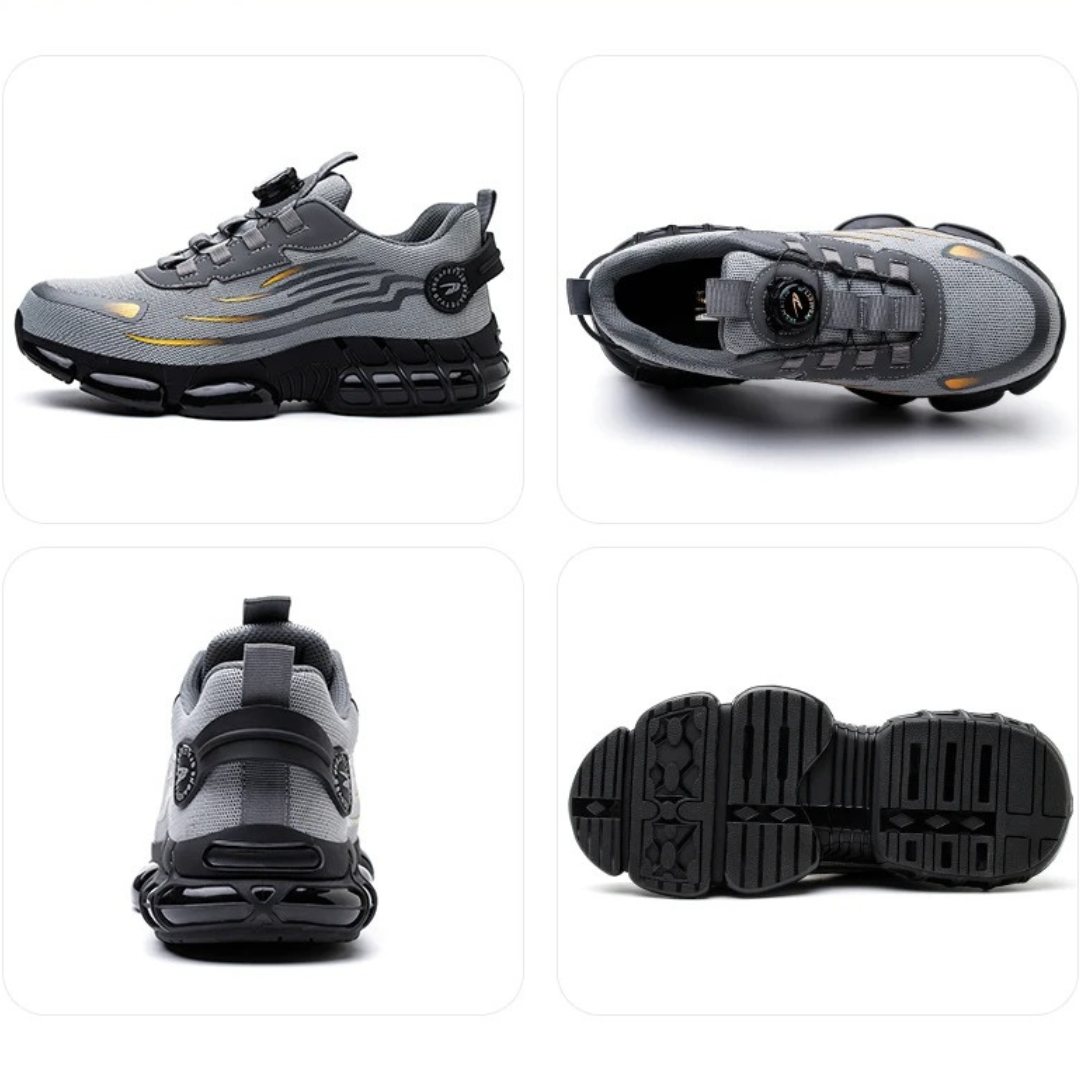 Grijze en zwarte heren werkschoenen met antislip, draaisluiting en comfort voor lange werkdagen.