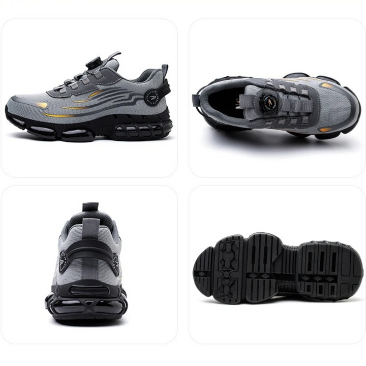 Grijze en zwarte heren werkschoenen met antislip, draaisluiting en comfort voor lange werkdagen.
