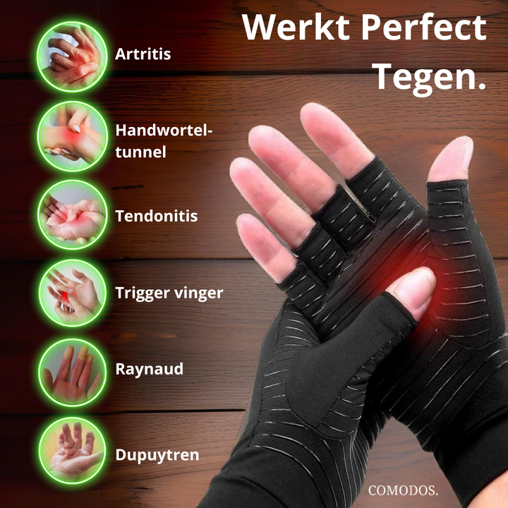 Comfortabele compressiehandschoenen dragen, bieden ondersteuning en verlichting bij gewrichtspijn en handvermoeidheid.