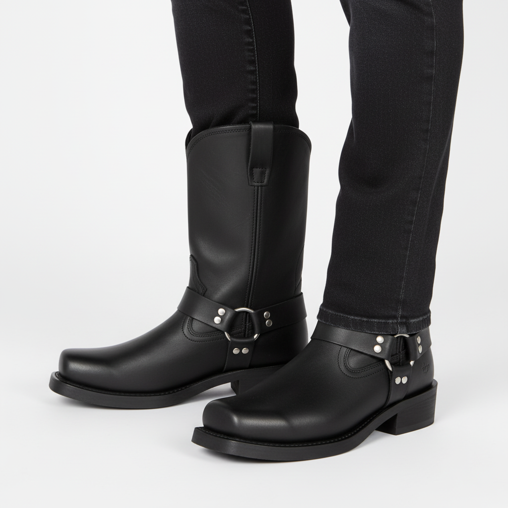 Robuuste zwarte Ryan heren westernlaarzen, close-up van de duurzame hak en antislipzool voor grip.