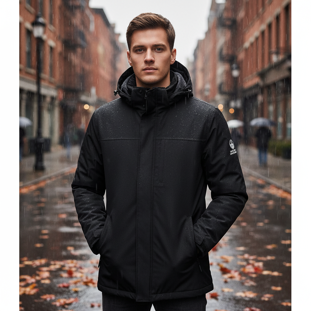 Zwarte heren waterdichte parka met capuchon, ideaal als winter- of herfstjas voor outdoor activiteiten.