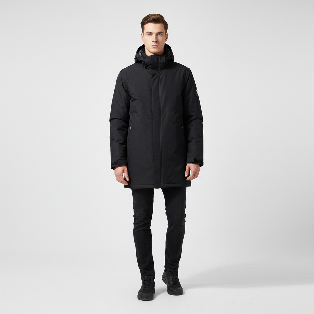 Waterdichte heren parka in stijlvol zwart, met comfortabele capuchon en functioneel voor elk weer.