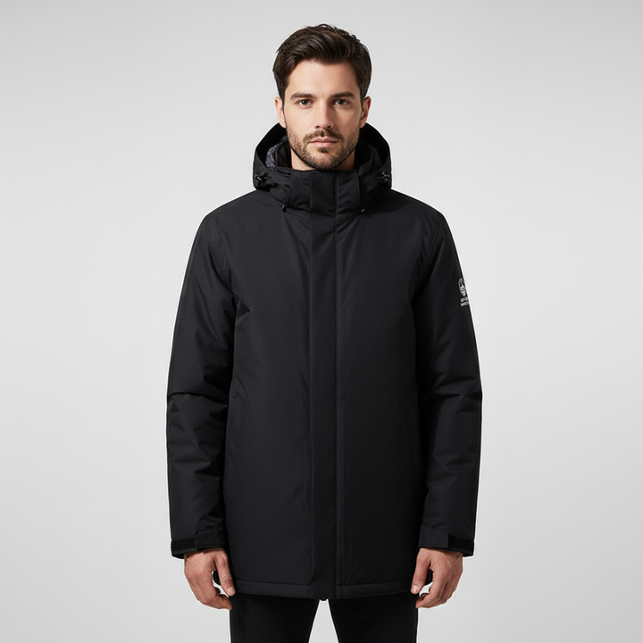 Functionele heren winterjas: zwarte waterdichte parka met capuchon en robuuste rits, voor optimale bescherming.