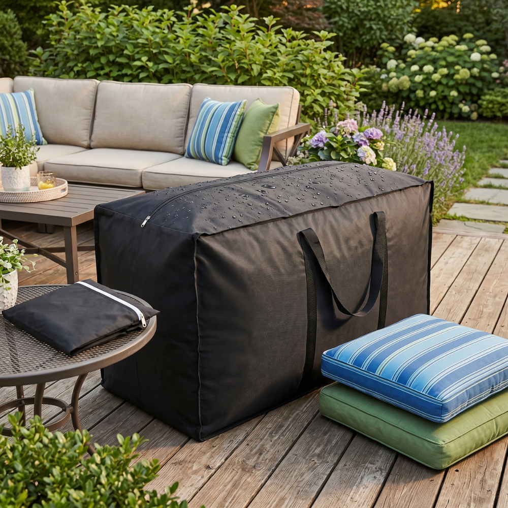 Duurzame, weersbestendige opbergtas voor tuinmeubelen; optimale bescherming van buitenmeubelen.