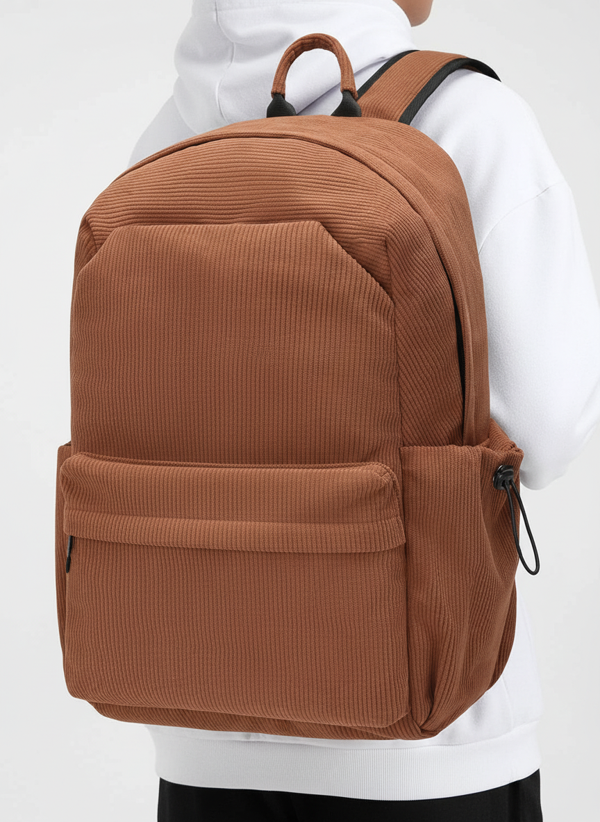 Unisex rugzak in actie: Stijlvolle FlexiPack gedragen door een persoon; perfect voor werk, studie of stadstrips.
