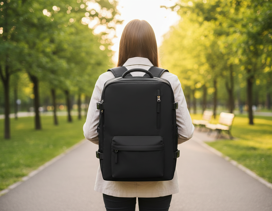 Zwarte multifunctionele laptoptas met meerdere vakken, ideaal voor werk of reizen.