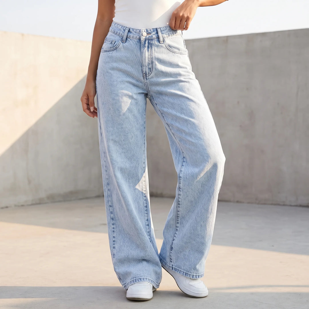 Dames wijde jeans met rechte pijpen, comfortabele relaxed fit spijkerbroek voor dagelijkse stijl.