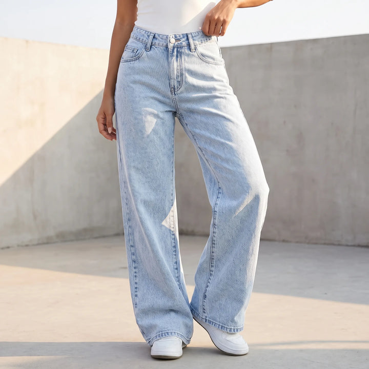 Dames wijde jeans met rechte pijpen, comfortabele relaxed fit spijkerbroek voor dagelijkse stijl.