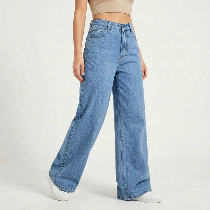 Zachte stretch dames jeans met wijde, rechte pijpen en middelhoge taille, comfortabele spijkerbroek.