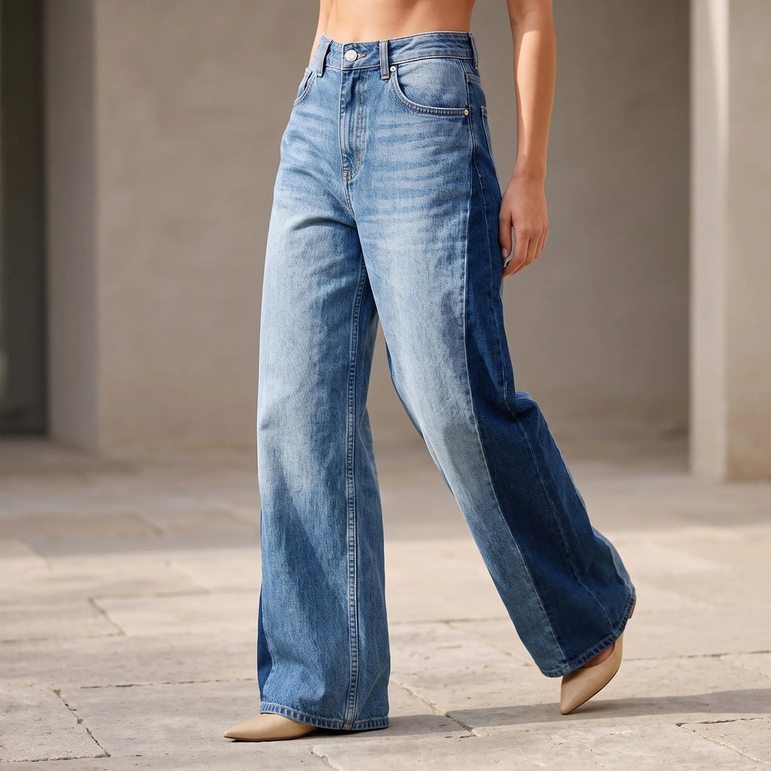 Dames wijde jeans met stijlvol tweekleurig paneelontwerp, comfortabel voor casual lente- en zomerlooks.