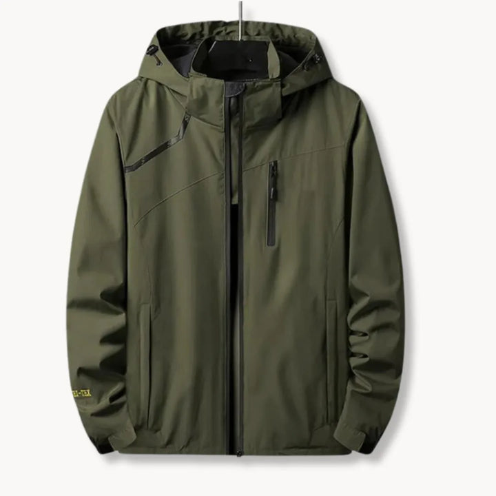Moderne heren windbreaker jas met rits, capuchon en ritszakken, functioneel en trendy bovenkleding.