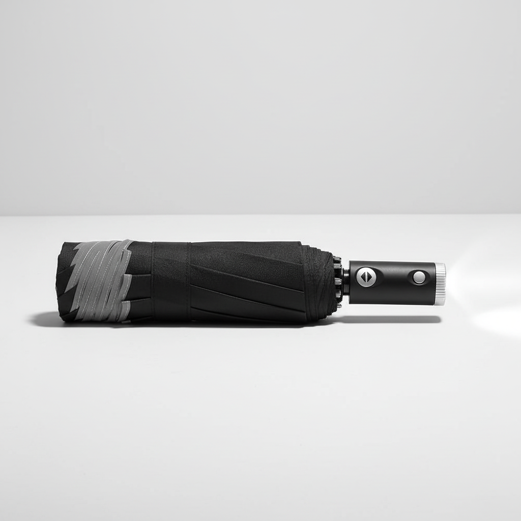 Premium winddichte reisparaplu met LED, reflecterende strepen en automatisch openen/sluiten.