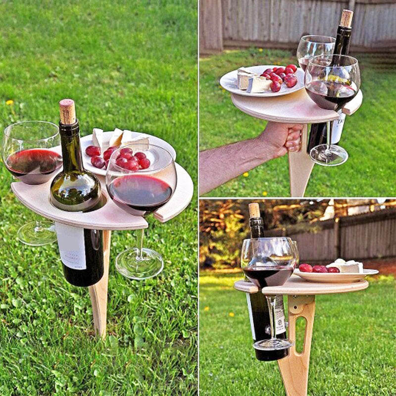 Draagbare, opklapbare houten wijntafel; perfect voor picknick, strand of festival. Inclusief wijnglashouder.