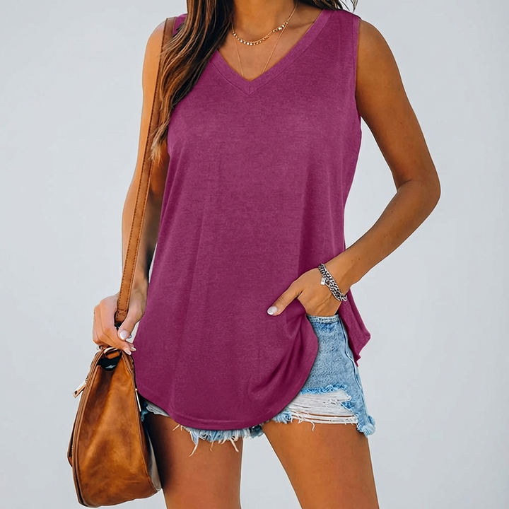 Essentiële dames V-hals tanktop, mouwloos en comfortabel, ideaal voor zomerse en casual outfits.