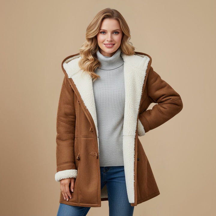 Elegante dames winterjas met unieke toggleknopen en capuchon. Casual & stijlvol.