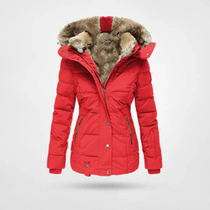 Trendy dames winterjas, essentieel voor winterkleding, met beschermende capuchon en dubbele sluiting tegen de kou.