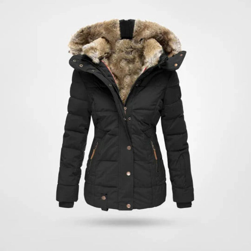 Dames winterjas met gevoerde capuchon en dubbele sluiting, warm en stijlvol voor koude dagen.