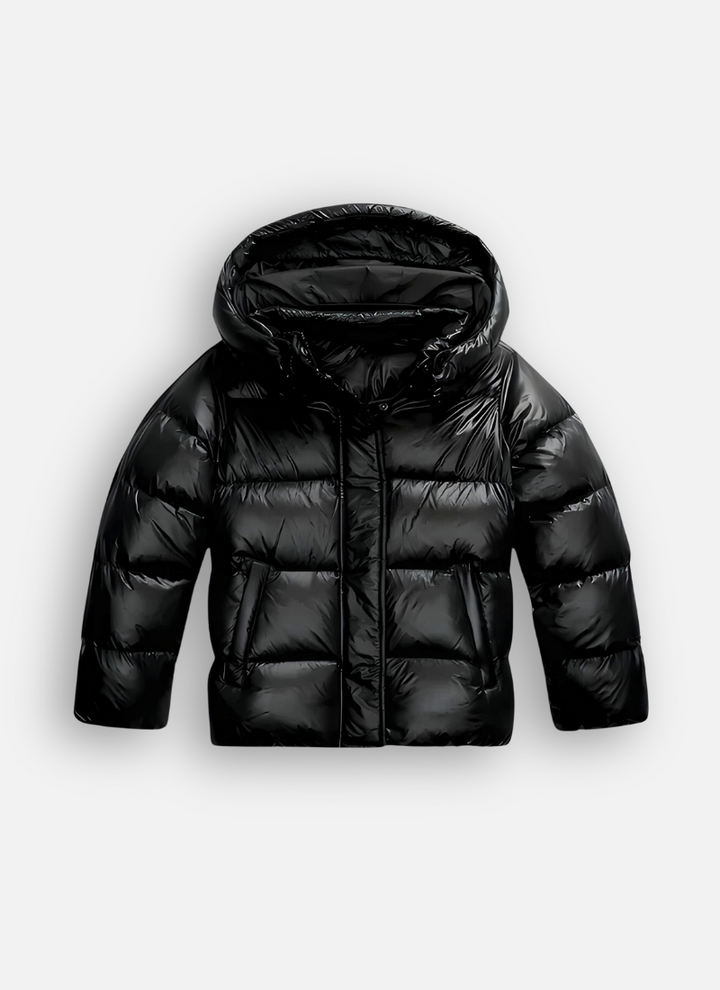 Dames glanzende lichtgewicht pufferjas met capuchon, een warme en stijlvolle winterjas.