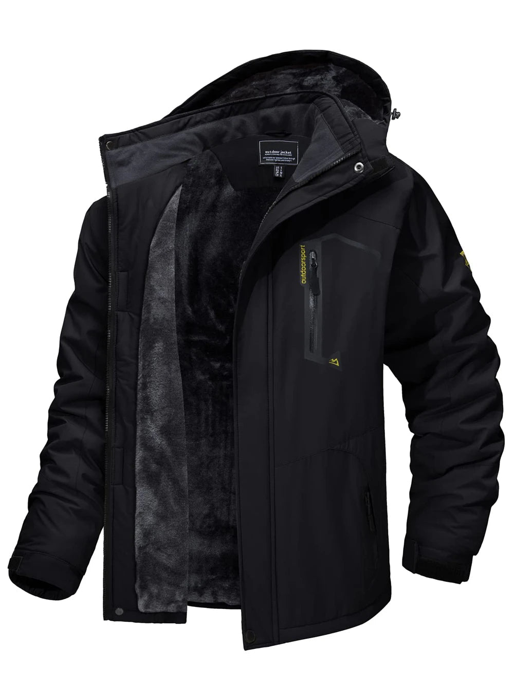 Textuur van waterafstotende stof op een stijlvolle heren winterjas. Robuuste parka voor outdoor gebruik.