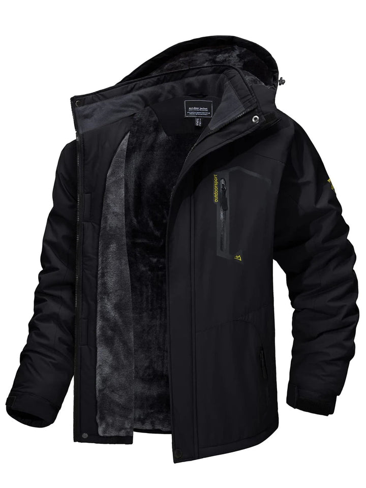 Textuur van waterafstotende stof op een stijlvolle heren winterjas. Robuuste parka voor outdoor gebruik.