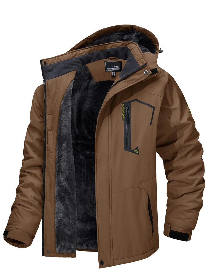 Zijaanzicht van een stijlvolle heren winterjas, waterafstotende parka met afneembare capuchon & comfort.