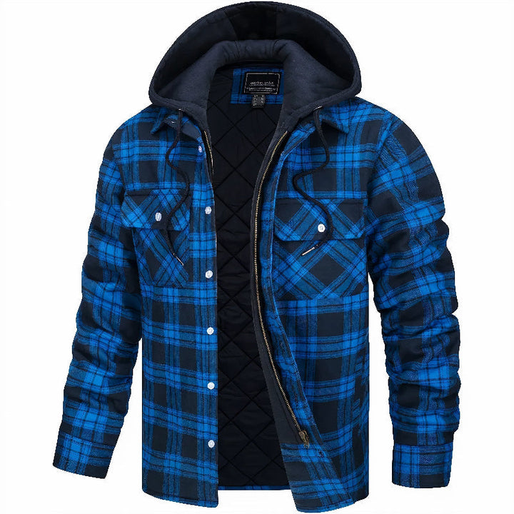 Stijlvolle heren winterjas met capuchon en ruitpatroon voor koelere seizoenen. Biedt warmte en comfort.