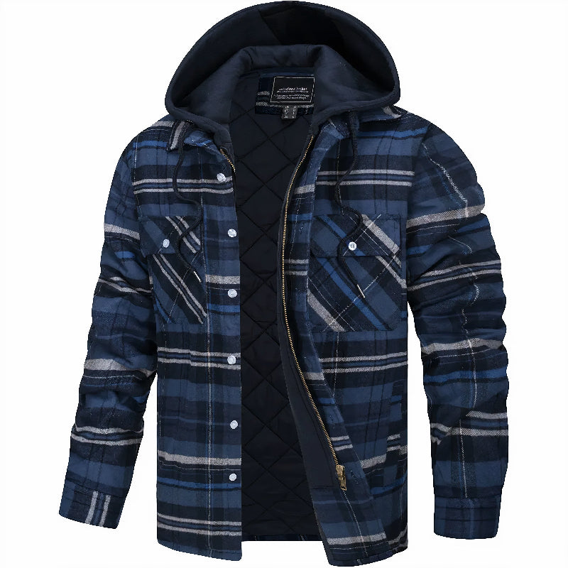 Deze heren winterjas heeft een stijlvol ruitpatroon, warme capuchon en comfortabele pasvorm. Geschikt voor herenmode.