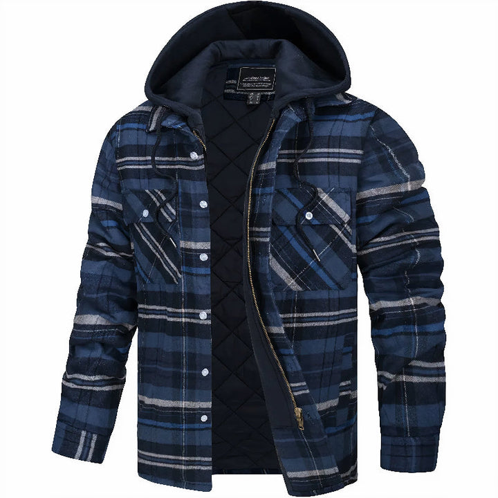 Deze heren winterjas heeft een stijlvol ruitpatroon, warme capuchon en comfortabele pasvorm. Geschikt voor herenmode.