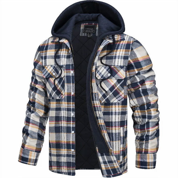 Heren winterjas met capuchon, stijlvol ruitpatroon. Warm, comfortabel en praktisch met slimme opbergruimte.