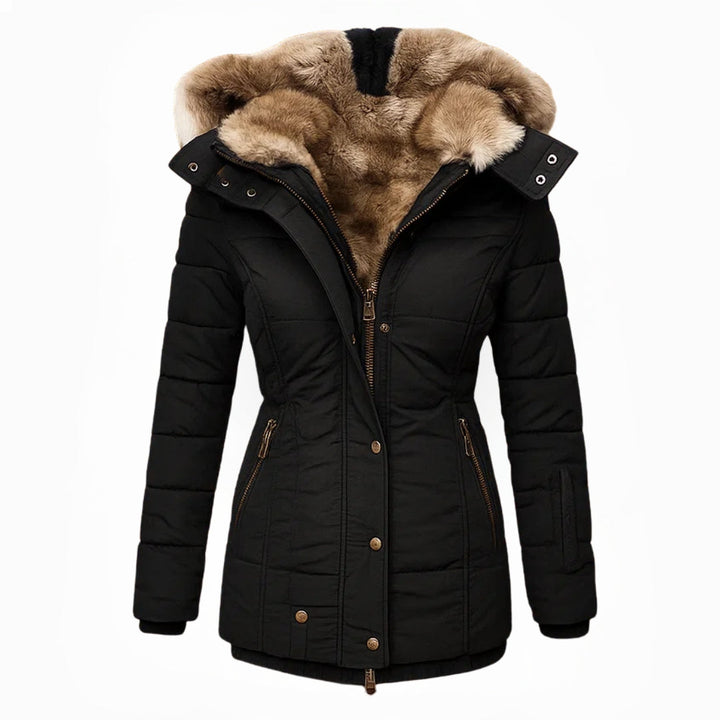Elegante lange dames winterjas met comfortabele pasvorm en warme capuchon. Ideale modieuze winterkleding.