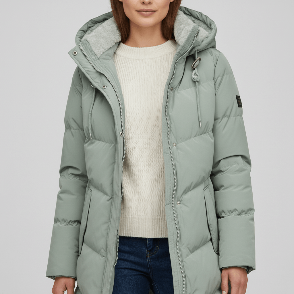 Dames winterparka met capuchon, ontworpen voor outdoor activiteiten. Biedt warmte en bescherming in de winter.