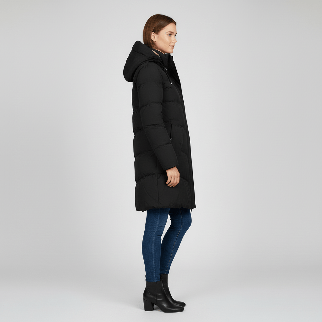 Dames winterjas met gevoerde capuchon en trekkoord, ideaal voor een warme en modieuze winterlook.