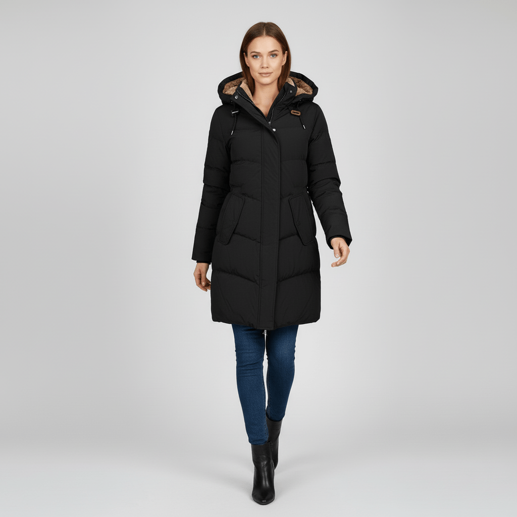Comfortabele en warme dames winterparka, getailleerd model voor een elegante uitstraling. Essentiële winterjas.