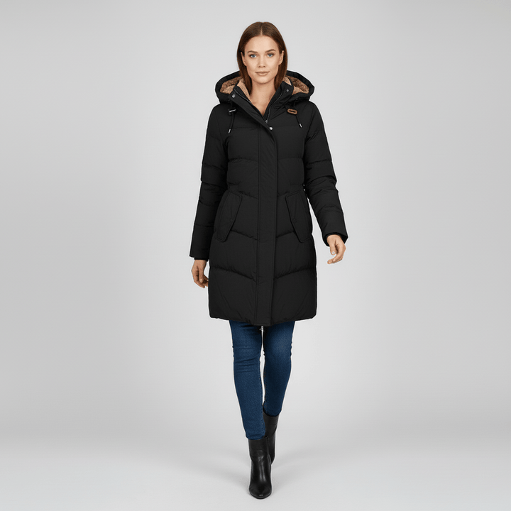 Comfortabele en warme dames winterparka, getailleerd model voor een elegante uitstraling. Essentiële winterjas.